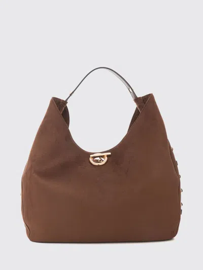 Liu •jo Liu Jo Gerona Large Hobo Bag In Velvet With Metal Piercing And Leather Handle In Brown