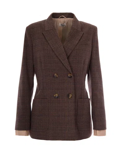 Liu •jo Double-breasted Classic Tartan Jacket With Contrasting Cuffs In Brown