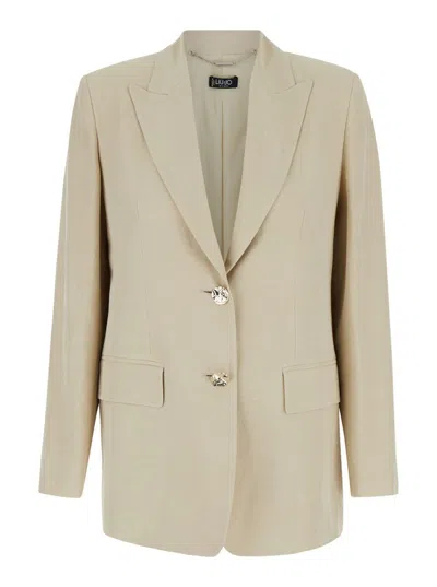 Liu •jo Beige Single-breasted Jacket With Gold Buttons In Linen Blend Woman