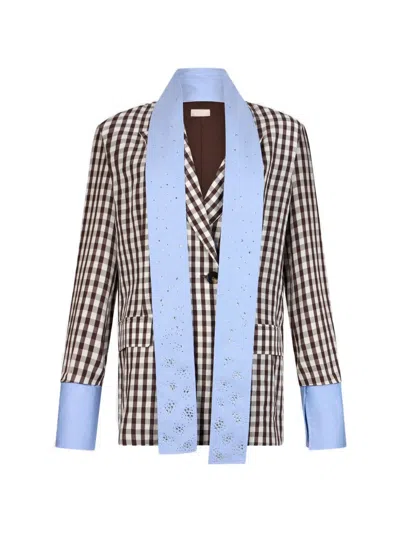 Liu •jo Gingham-check Double-breasted Blazer In Brown