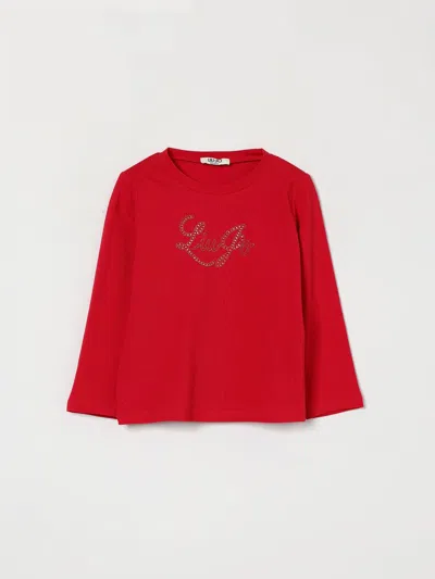 Liu •jo Kids' Liu Jo Girl's Long-sleeved Cotton T-shirt With Embroidered Logo And Rhinestones In Red