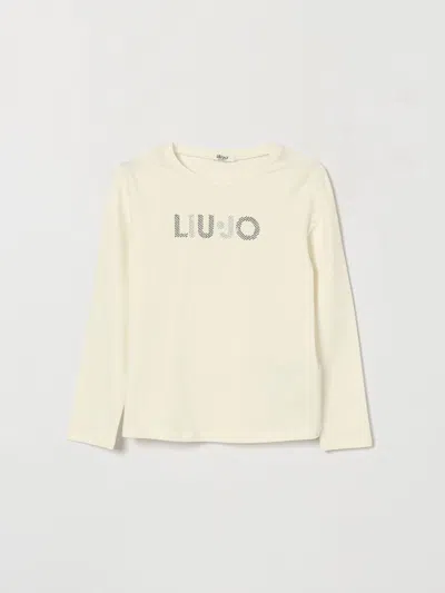 Liu •jo Kids' Liu Jo Girl's Long-sleeved Cotton T-shirt With Embroidered Logo And Rhinestones In White