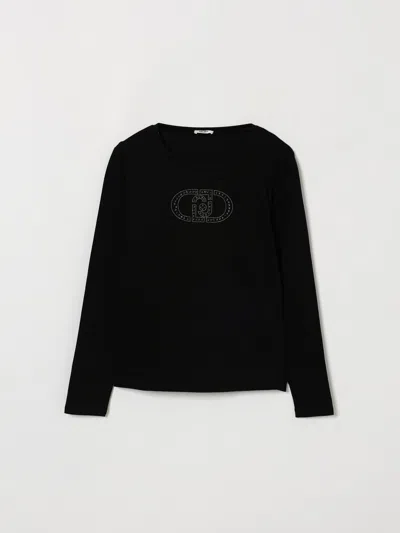 Liu •jo Kids' Liu Jo Girl's Long-sleeved Cotton T-shirt With Rhinestone Logo In Black