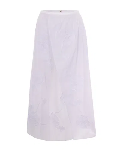 Liu •jo Textured White Midi Skirt With 3d Floral Embroidery