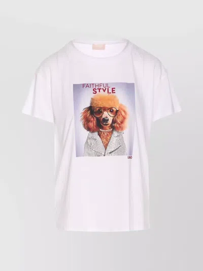Liu •jo Graphic Dog Print T-shirt With Strass Detail In White