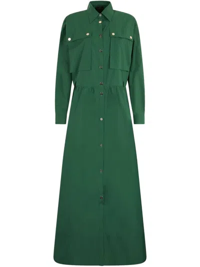 Liu •jo Green Long Dress In Cotton With Bottons And Pockets In Multicolor