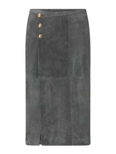 Liu •jo Green Suede Midi Skirt With Gold-tone Buttons In Gray