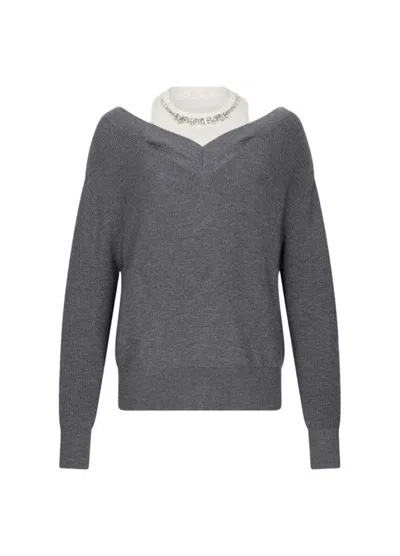 LIU •JO GREY KNIT SWEATER WITH JEWEL-EMBROIDERED INSERTS