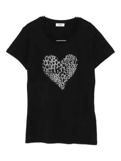 Liu •jo Heart-embellished Cotton T-shirt In Black