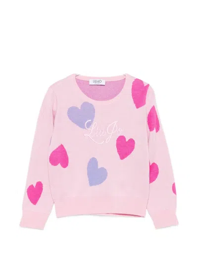 Liu •jo Kids' Heart-intarsia Logo-embroidered Jumper In Pink
