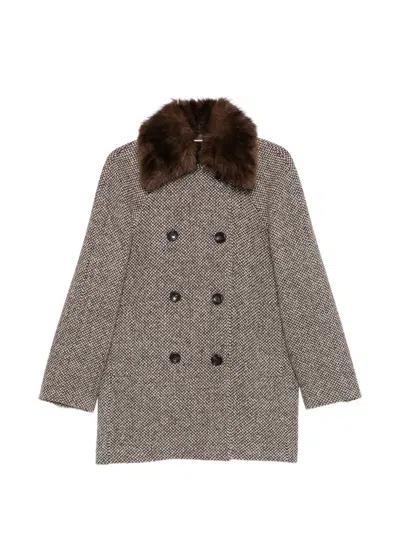 Liu •jo Herringbone Faux-fur Collar Coat In Brown