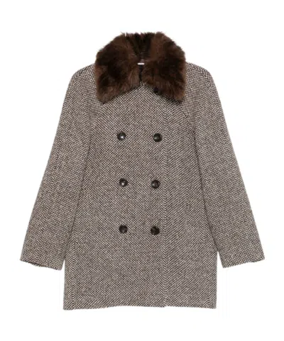Liu •jo Herringbone Faux-fur Collar Coat In Brown