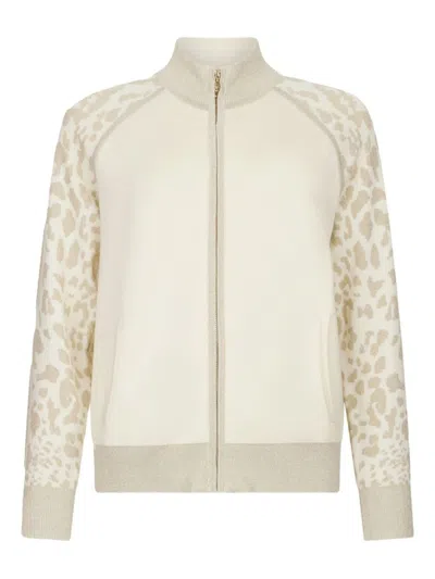 LIU •JO LIU JO HIGH COLLAR ZIP-UP SWEATER WITH SUBTLE LEOPARD PRINT DETAIL