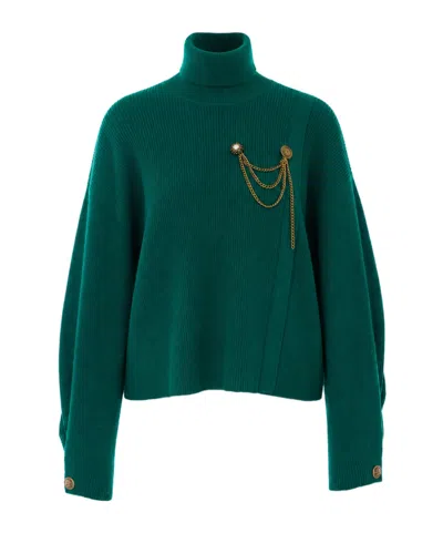 Liu •jo High-neck Knit Sweater With Chain Detail In Green