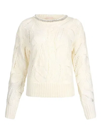 LIU •JO INTRICATE OPENWORK WHITE KNIT SWEATER