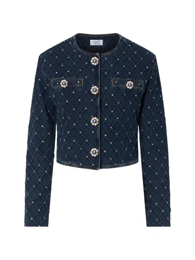 Liu •jo Jacket In Denim Quilted With Rhinestones In Blue