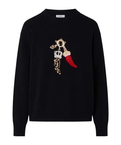 Liu •jo Jacquard Wool Sweater With Charm In Black