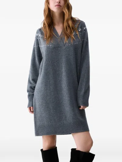 Liu •jo Knit Dress With Jewel Embroidery In Gray