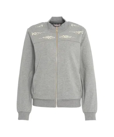 LIU •JO KNIT SWEATSHIRT WITH PEARL EMBELLISHED SHOULDERS