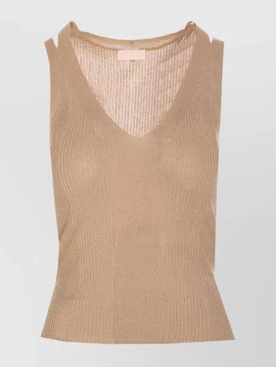 Liu •jo Knitwear Top With Metallic Ribbed Texture In Beige