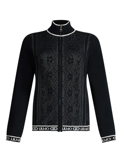 Liu •jo Lace-effect High-neck Cardigan In Black