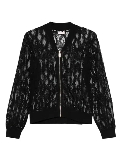 Liu •jo Lace-panel Zip-front Cardigan In Black