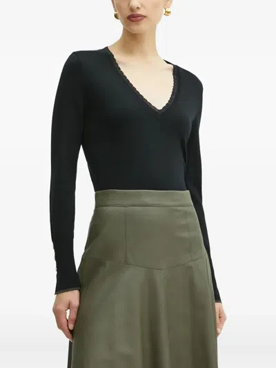 Liu •jo Lace-trimmed V-neck Top In Black