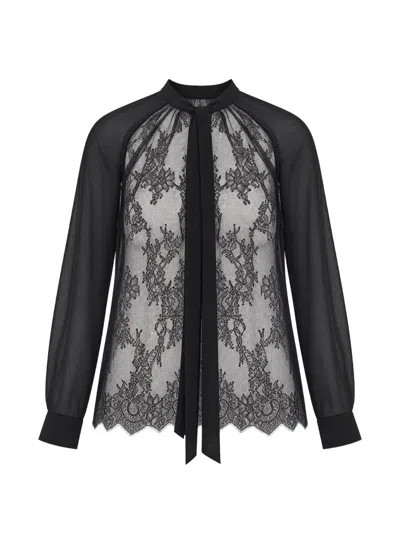 Liu •jo Lace-panelled Tie-neck Shirt In Black