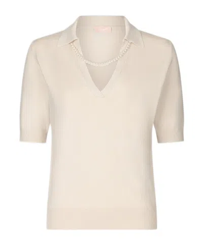Liu •jo Liu Jo Pearl-embellished V-neck Knitted Polo Top In Beige
