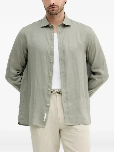 Liu •jo Leaf-print Collar Linen Shirt In Green