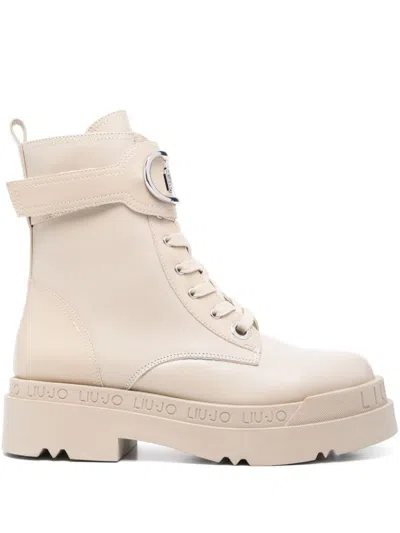 Liu •jo Leather Platform Boots In Beige