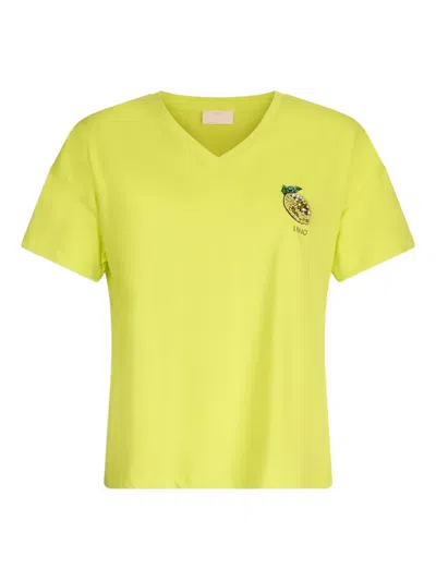 Liu •jo Lemon-embellished V-neck T-shirt In Yellow