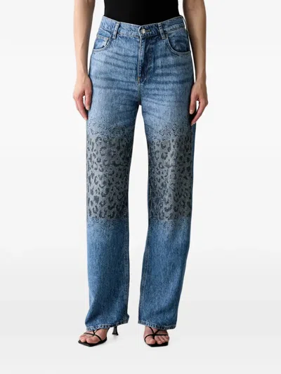 Liu •jo Leopard-pattern Rhinestone-embellished Jeans In Blue