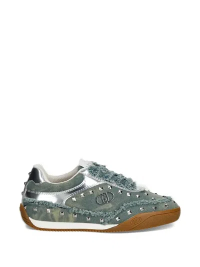 Liu •jo Lewis 04 Stud-embellished Frayed-edge Sneakers In Green