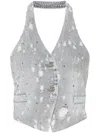 Liu •jo Rhinestone-embellished Denim Waistcoat In Light Grey