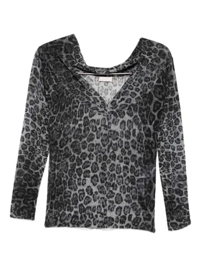 Liu •jo Lightweight Semi-sheer Grey Sweater With Leopard Print In Black