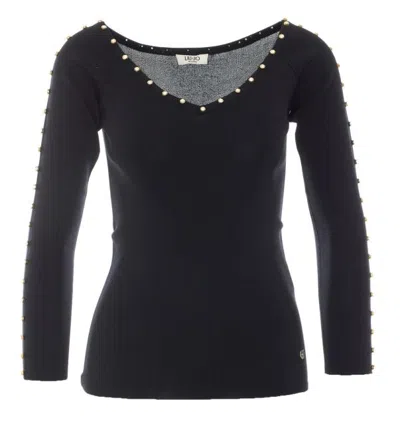 Liu •jo Crystal-embellished Knitted T-shirt In Black