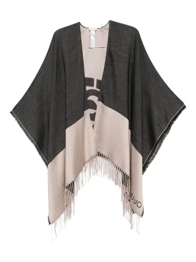 Liu •jo Logo-detail Fringed Poncho In Black