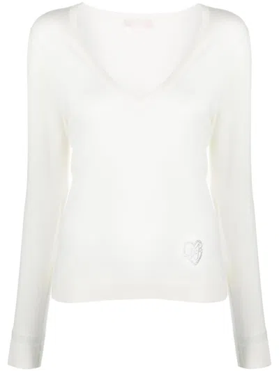 Liu •jo Logo-embellished V-neck Jumper In White