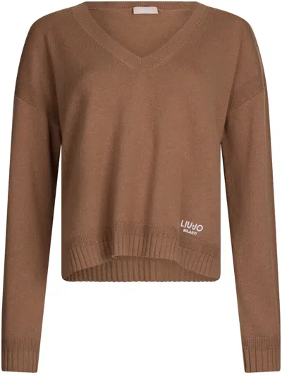 Liu •jo Logo-embroidered Sweater In Brown