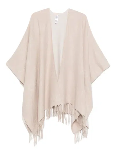 Liu •jo Logo-patch Fringed Poncho In Nude