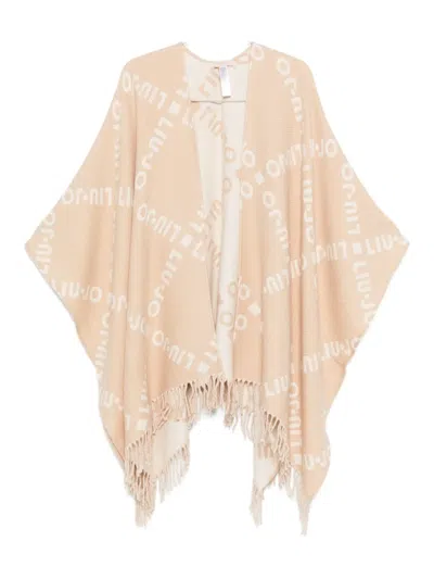 Liu •jo Logo-pattern Fringed Cape In Neutral