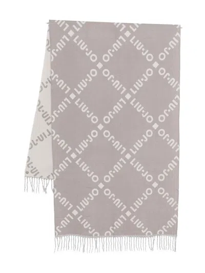Liu •jo Logo-pattern Fringed Scarf In Gray