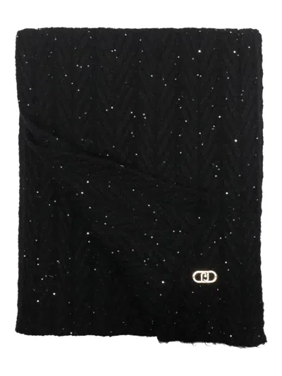 Liu •jo Logo-plaque Chevron Scarf In Black