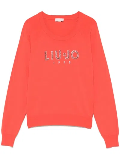 Liu •jo Logo-rhinestone Top In Orange