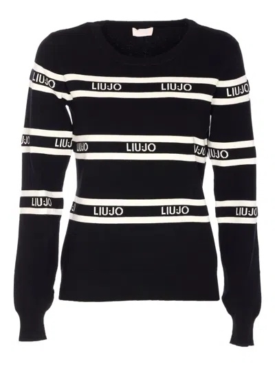 LIU •JO LOGO-STRIPE CREW-NECK SWEATER