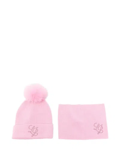 Liu •jo Kids' Logo-embroidered Pompom Beanie Hat And Scarf Set In Pink