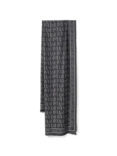 Liu •jo Logo-jacquard Frayed Scarf In Black