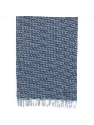 Liu •jo Logo-pattern Fringed Scarf In Blue