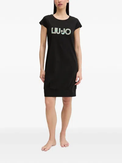 Liu •jo Logo-print Short-sleeve Midi Dress In Black